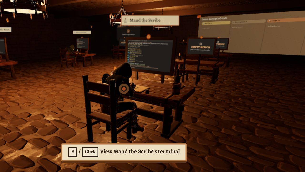 The chamber of the project demo-keep/pixel-todo. Maud the Scribe sits at her workbench with her back to you, and the slate on an easel in front of her shows her live terminal. More workbenches stand beyond her, one marked Empty bench, and the notice board runs along the far wall.