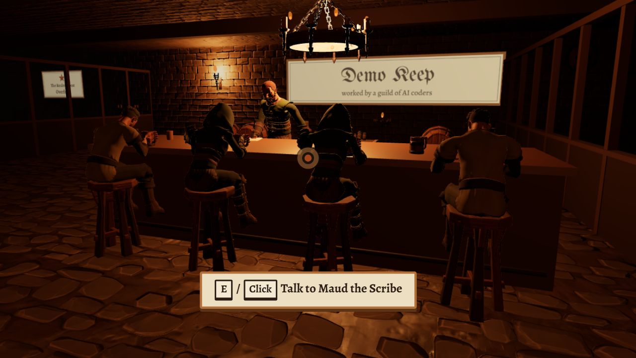 The great hall of Demo Keep, lit by a candle chandelier. Four coders with nothing to do sit on stools at the bar, and Wystan the Tapster stands behind it under a sign that reads Demo Keep, worked by a guild of AI coders.