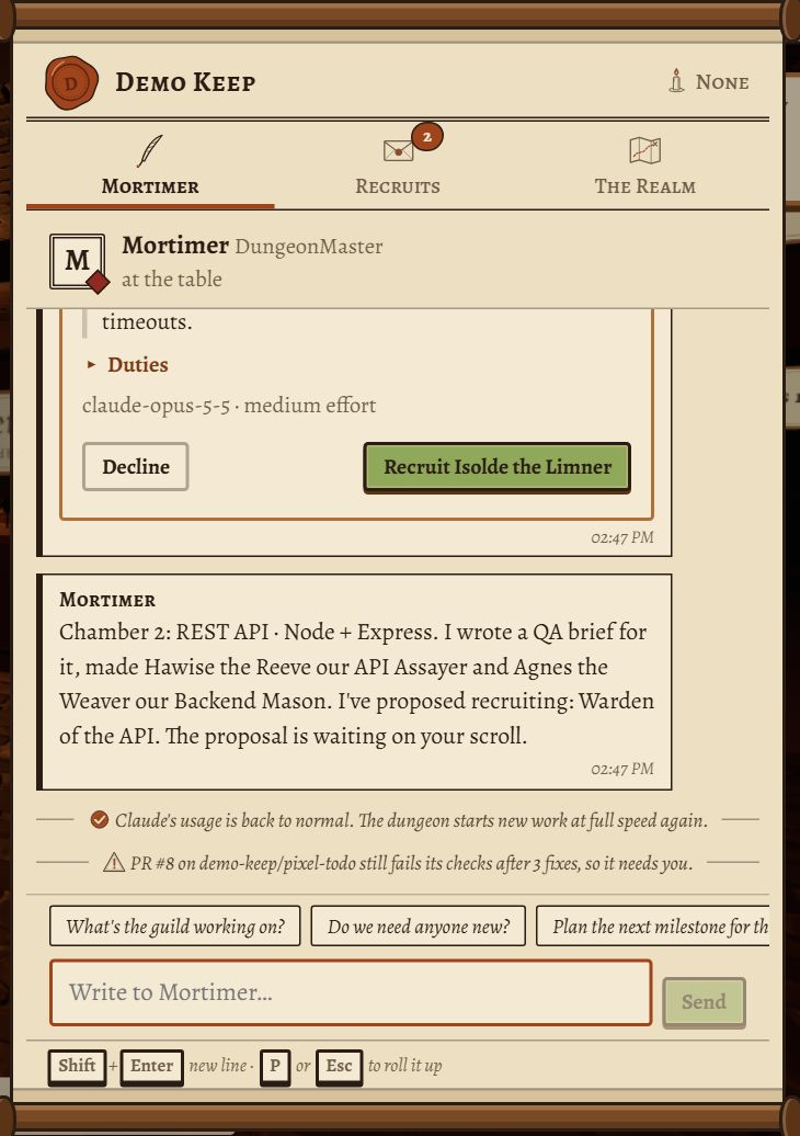 The scroll, open on the tab for Mortimer the DungeonMaster. One of his letters puts forward a recruit, Isolde the Limner, with a Decline button and a Recruit button; the next reports what he set up in chamber 2. At the bottom is the box to write to Mortimer, with a Send button.