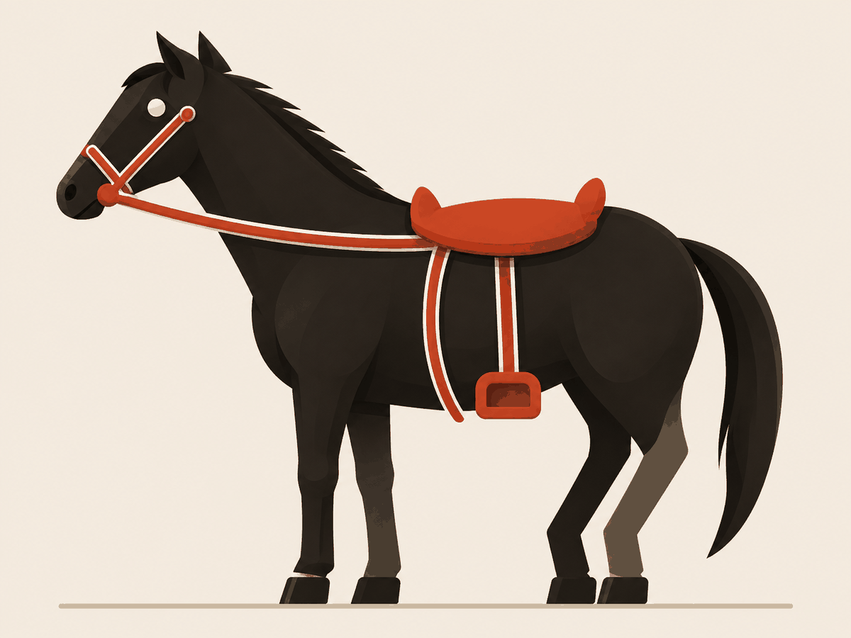 The same horse in the same colours, drawn far more finely: a mane, shading down the flank, a soft shadow on the ground