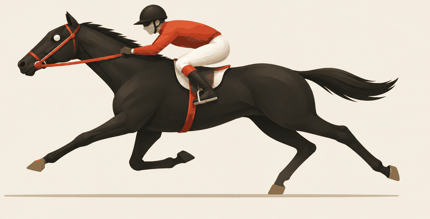 A racehorse at full gallop with a jockey up